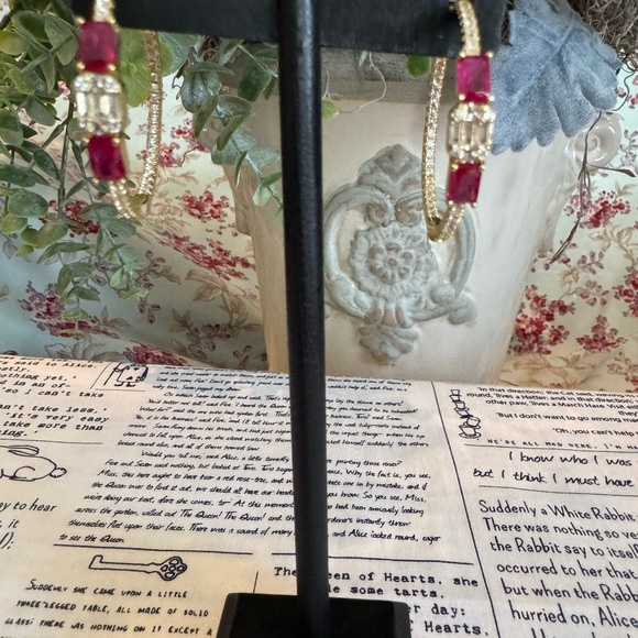 Jewelry - Stainless Steel Gold Hoop Earrings with Red Gem Accents
